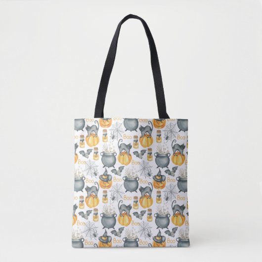 Grappige Halloween ketel en katten patroon Tote Bag (Voorkant)