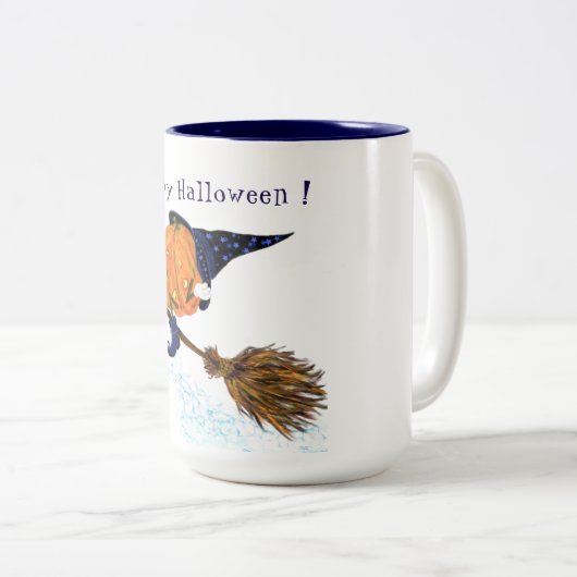 Grappige Halloween Koffie Mok Heks Pompoen Vliegen (Voorkant rechts)