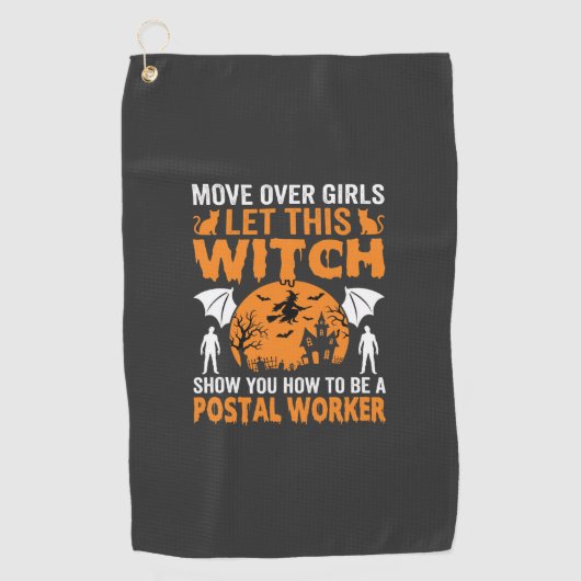 Grappige Halloween Postbode Heks Kat Grafisch Golfhanddoek (Voorkant)