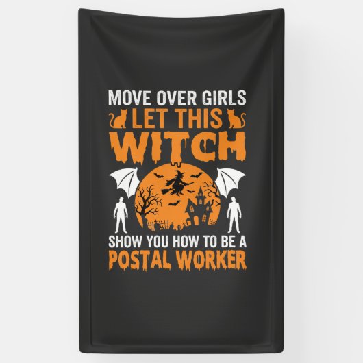 Grappige Halloween Postbode Heks Kat Grafisch Spandoek (Verticaal)