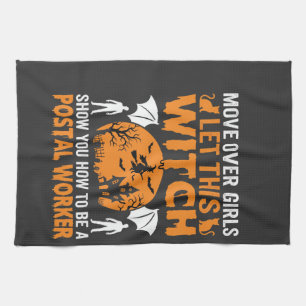 Grappige Halloween Postbode Heks Kat Grafisch Theedoek