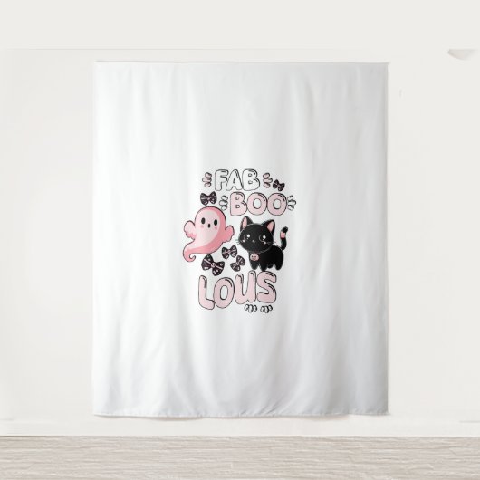 Grappige Halloween Roze Geest Spooktacular Cat Fab Wandkleed (Voorkant)