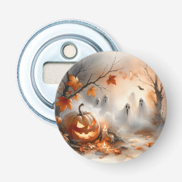 Grappige Halloween-scène met pompoen en geesten Button Flesopener