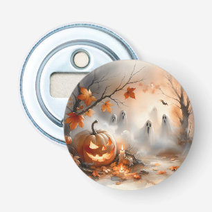 Grappige Halloween-scène met pompoen en geesten Button Flesopener