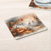 Grappige Halloween-scène met pompoen en geesten Kartonnen Onderzetters (Schuin)