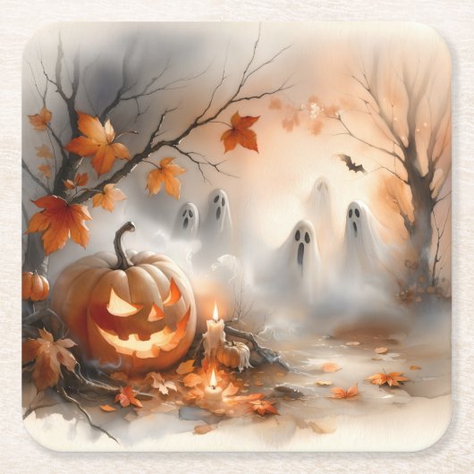 Grappige Halloween-scène met pompoen en geesten Kartonnen Onderzetters (Voorkant)