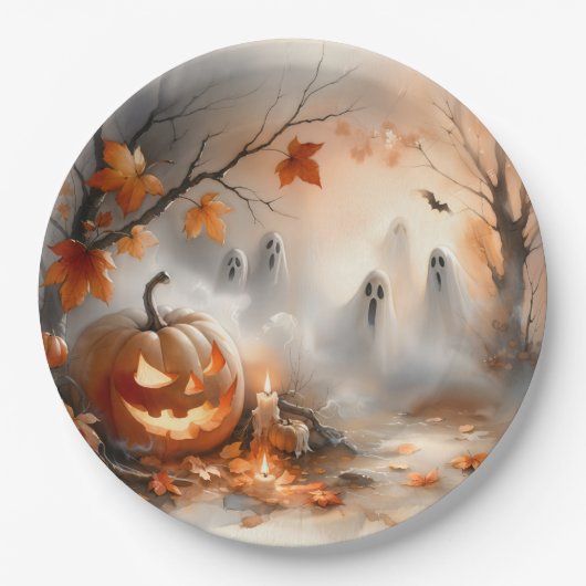 Grappige Halloween-scène met pompoen en geesten Papieren Bordje (Voorkant)