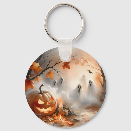 Grappige Halloween-scène met pompoen en geesten Sleutelhanger (Achterkant)