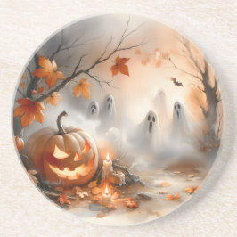 Grappige Halloween-scène met pompoen en geesten Zandsteen Onderzetter