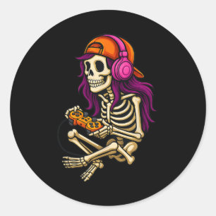 Grappige Halloween Skelet Gamer Video Gaming Meisj Ronde Sticker