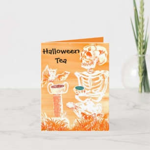 Grappige Halloween Skeleton-Bat Tea Time Gevouwen Bedankkaart