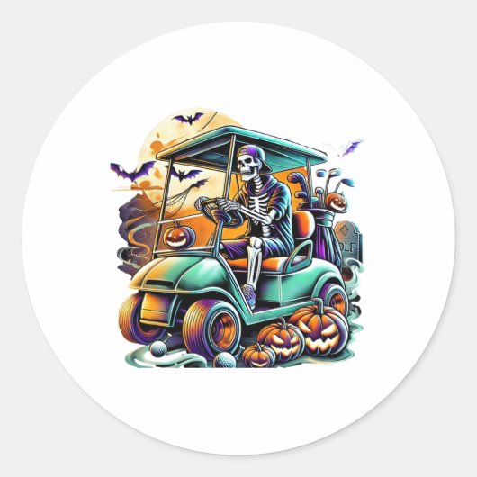 Grappige Halloween Skeleton Golfkar Golfer Ronde Sticker (Voorkant)