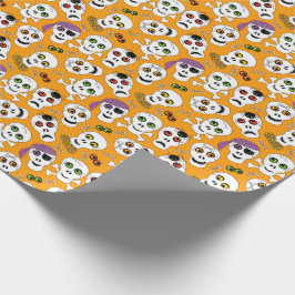 Grappige Halloween Skulls op Oranje Patroon Cadeaupapier