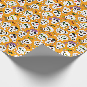 Grappige Halloween Skulls op Oranje Patroon Cadeaupapier