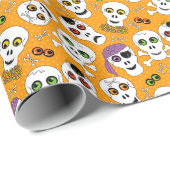 Grappige Halloween Skulls op Oranje Patroon Cadeaupapier (Rol Hoek)