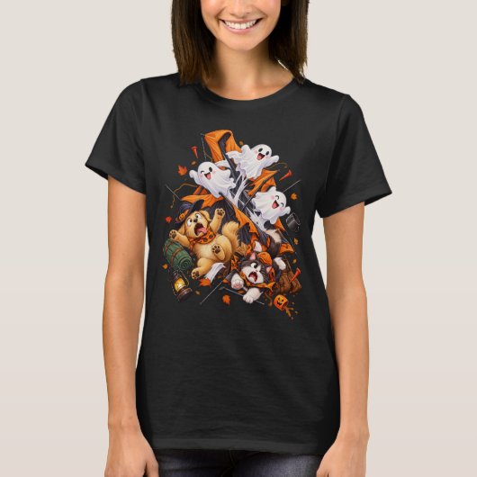 Grappige Halloween Tentinstorting Hond Kat Geesten T-shirt (Voorkant)