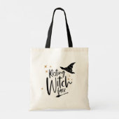 Grappige Halloween-typografie Heks, Bezem & Hoed Tote Bag (Achterkant)