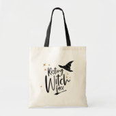 Grappige Halloween-typografie Heks, Bezem & Hoed Tote Bag (Voorkant)