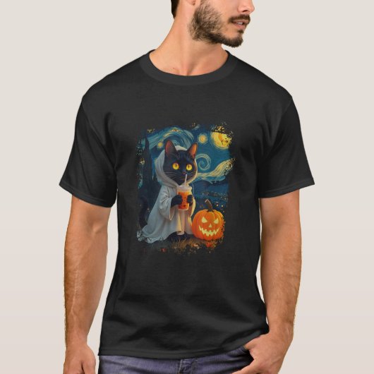 Grappige Halloween Van Gogh Sterrennacht Ghost Cat T-shirt (Voorkant)
