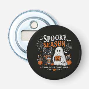 Grappige Halloween Zwarte Kat en Geest Koffieliefh Button Flesopener
