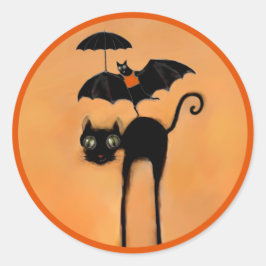Grappige Halloween Zwarte Kat en Vleermuis Ronde Sticker