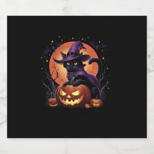 Grappige Halloween Zwarte Kat Pompoen Kostuum Kat  Sparkling Wijnetiket (Enkel label)