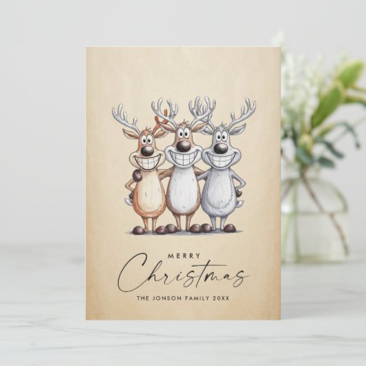 Grappige Hand Getrokken Kerst Reinders Feestdagenkaart (Staand voorkant)