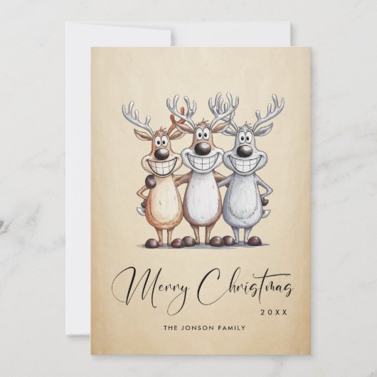 Grappige Hand Getrokken Kerst Reinders Feestdagenkaart (Voorkant)