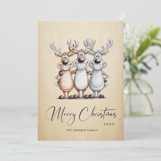 Grappige Hand Getrokken Kerst Reinders Feestdagenkaart (Staand voorkant)