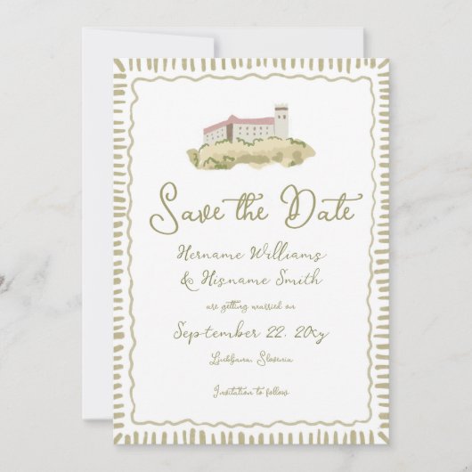 Grappige handgetekende Ljubljana Castle Europe Save The Date (Voorkant)