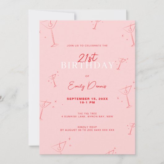 Grappige handgetekende martini 21ste verjaardagsfe kaart (Voorkant)