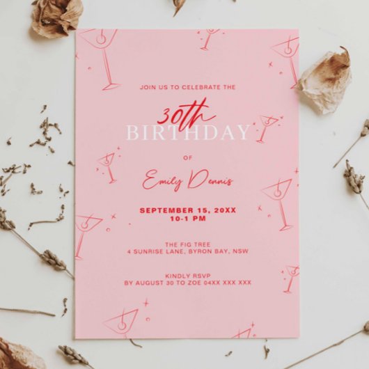 Grappige handgetekende martini 30ste verjaardagsfe kaart