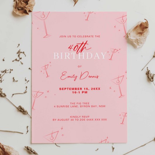 Grappige handgetekende martini 40e verjaardagsfees kaart