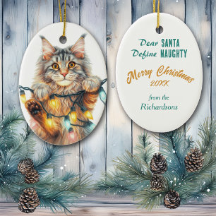 Grappige hangende kat definiëren ondeugende kerst keramisch ornament