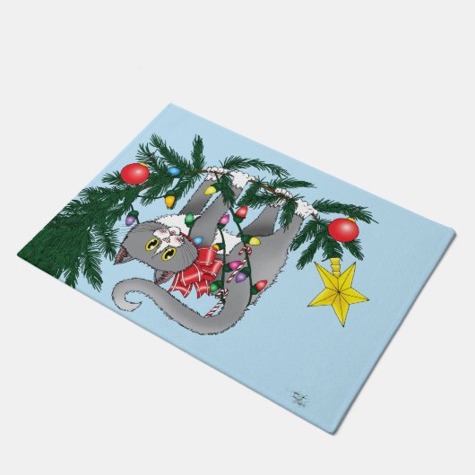 Grappige hangende kerstboom kat deurmat (Schuin)