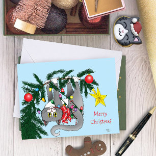 Grappige hangende kerstboom kat kaart