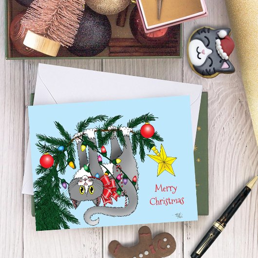 Grappige hangende kerstboom kat kaart