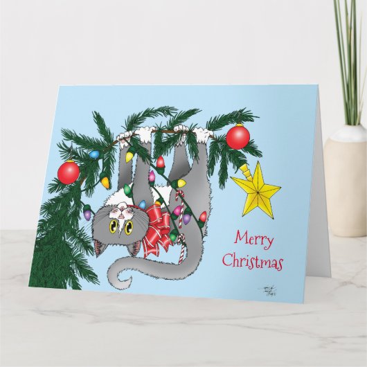 Grappige hangende kerstboom kat kaart (Voorkant)