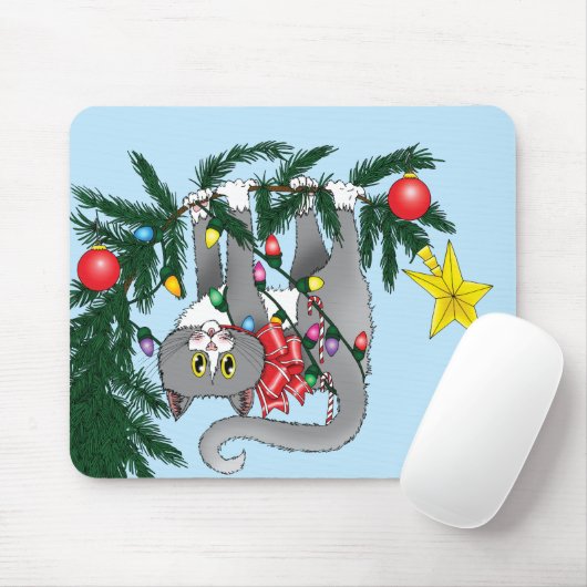 Grappige hangende kerstboom kat muismat (Met muis)