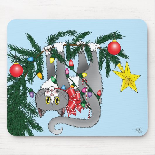 Grappige hangende kerstboom kat muismat (Voorkant)