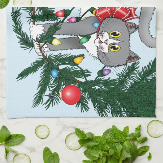 Grappige hangende kerstboom kat theedoek (Gevouwen)
