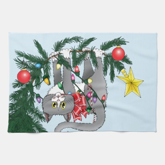 Grappige hangende kerstboom kat theedoek (Horizontaal)