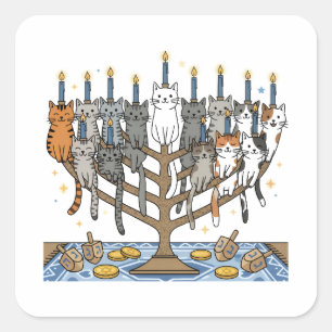 Grappige Hanukkah Meowzel Katten Menora Vierkante Sticker