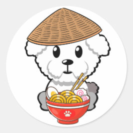Grappige harige hond eet noedels ronde sticker