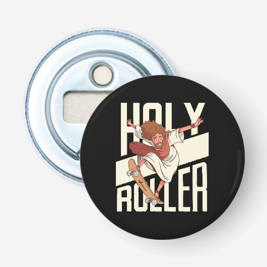 Grappige Heilige Rolletjes Schaatsende Jezus Button Flesopener (Voorkant)