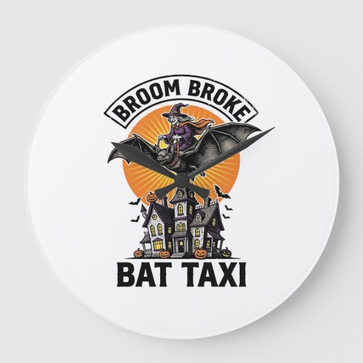 Grappige Hek Halloween Bezem Gebroken Vleermuisrit Grote Klok (Voorkant)