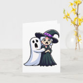 Grappige heks en geest bang gezicht Halloween paar Kaart (Gele Bloem)