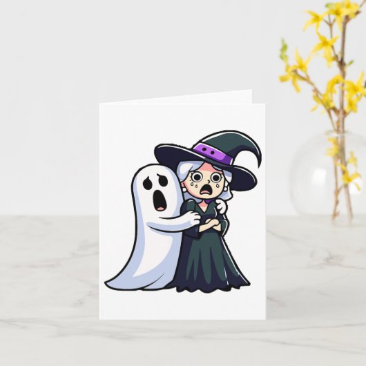 Grappige heks en geest bang gezicht Halloween paar Kaart (Gele Bloem)