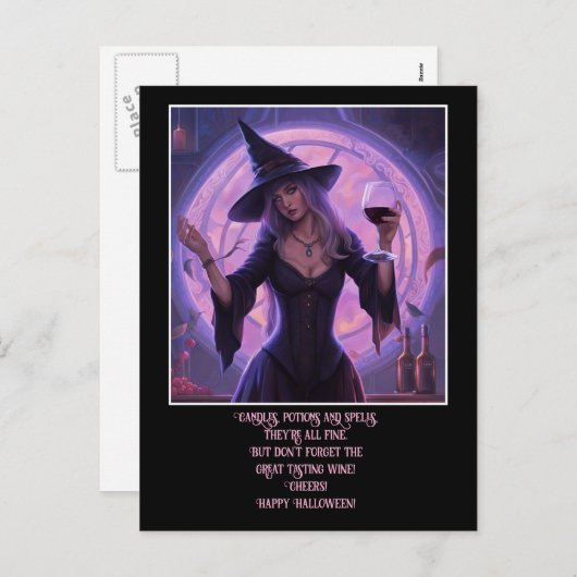 Grappige heks en wijn Happy Halloween Feestdagenkaart (Voorkant / Achterkant)
