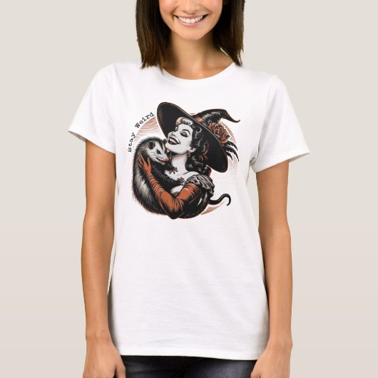 Grappige heks Halloween shirt met possum blijf raa (Voorkant)